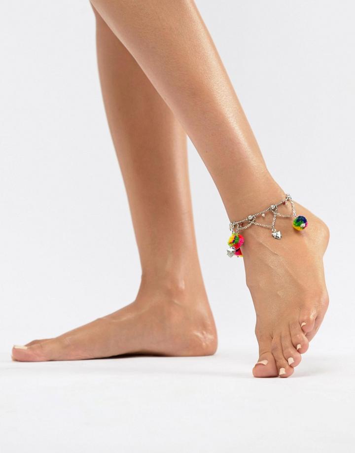 Asos Design Pom Charm Anklet - Silver