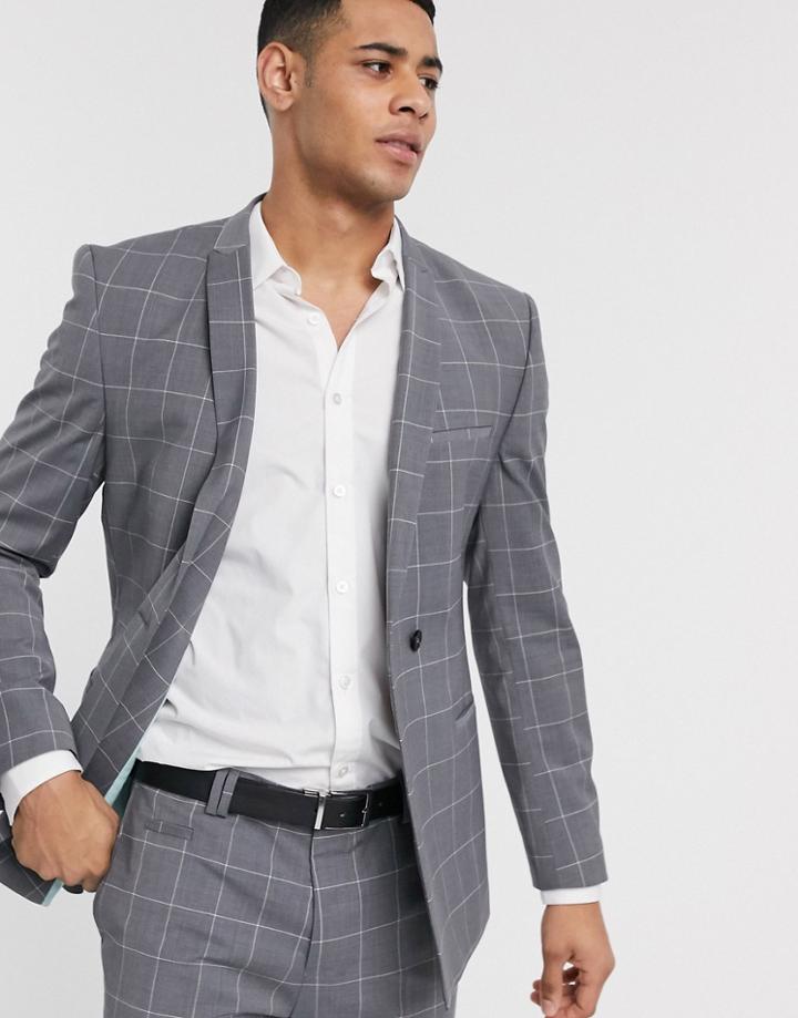 Viggo Recycled Wool Suit Jacket In Gray Windowpane Check-grey