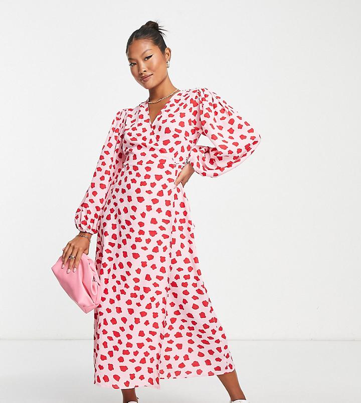 Glamorous Petite Midi Wrap Dress In Pink Red Smudge Print
