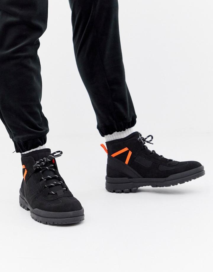 Asos Design Hiker Boots In Black Faux Suede With Contrast Details - Black