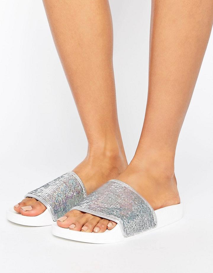 Thewhitebrand Silver Holographic Sequin Slider Flat Sandals - Silver