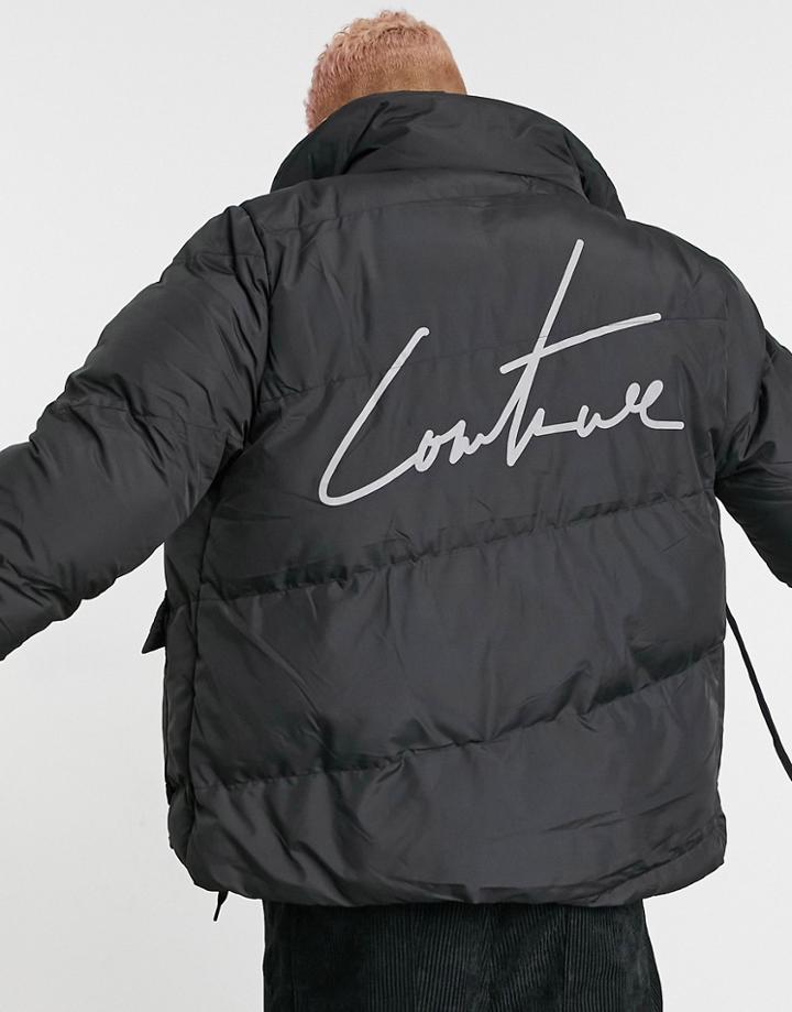 The Couture Club Essential Signature Puffer Coat With Back Logo In Black