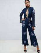 Asos Design Embellished Floral Keyhole 70's Jumpsuit - Navy