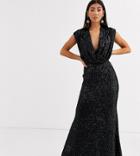 Jarlo Petite Wrap Front Sequin Gown In Black