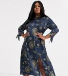 Neon Rose Plus Midi Tea Dress With Tie Sleeves In Celestial Print-navy