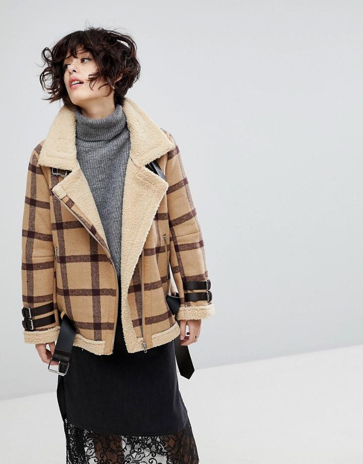 J.o.a Aviator Jacket In Vintage Check With Faux Shearling Lining - Tan