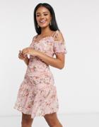 Pretty Darling Ruched Detail Peplum Dress In Floral-multi