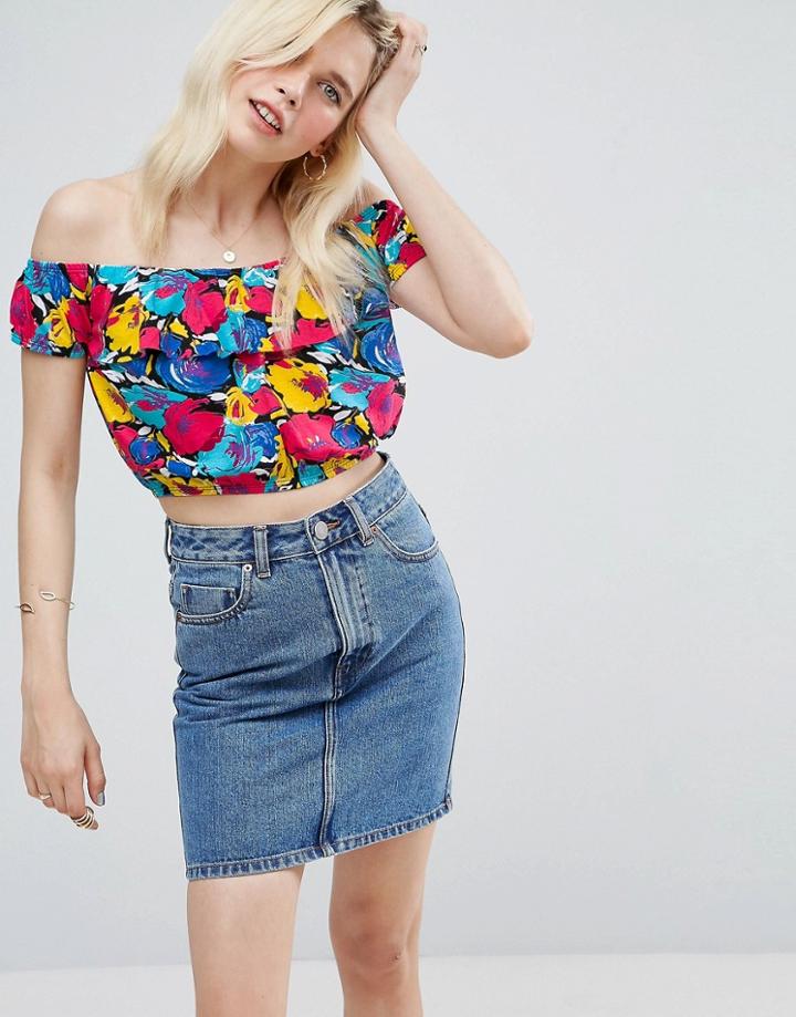 Asos Off Shoulder T-shirt In Floral - Black