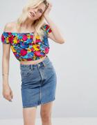 Asos Off Shoulder T-shirt In Floral - Black