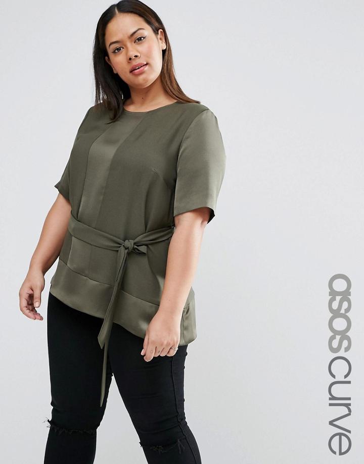 Asos Curve Satin Matt & Shine Asymmetric Tee With Tie Waist - Green