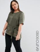 Asos Curve Satin Matt & Shine Asymmetric Tee With Tie Waist - Green