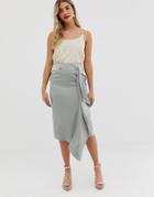 Asos Design Satin Waterfall Wrap Midi Skirt - Blue
