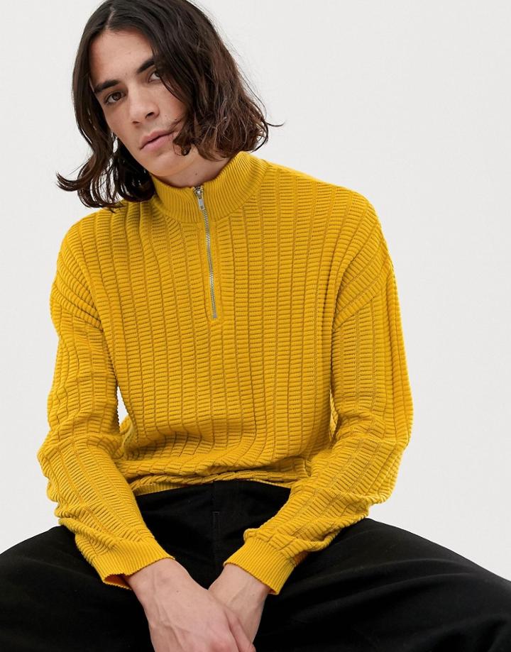 Asos Design Textured Knit Half Zip Sweater In Yellow - Yellow