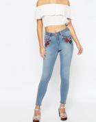 Asos Ridley High Waist Skinny Jeans In Surf Wash With Embroidery In Mid Wash Blue - Surf Light Wash Blue