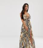 Asos Design Petite Tie Back Cross Front Split Maxi Beach Dress In Spliced Animal Print - Multi