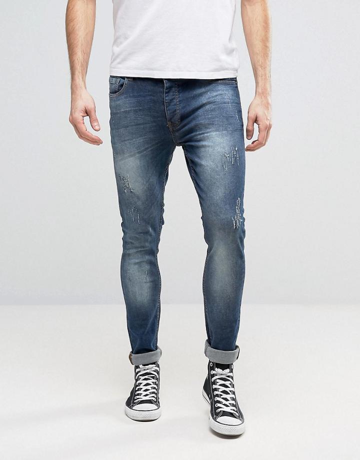Brave Soul Abrasion Skinny Jeans - Blue