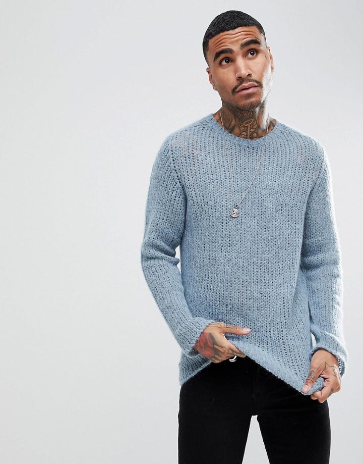 Asos Open Stitch Sweater In Mohair Wool Blend In Blue - Blue