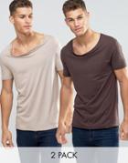 Asos 2 Pack Longline T-shirt With Stretch Neck And Drop Hem In Beige/brown - Multi