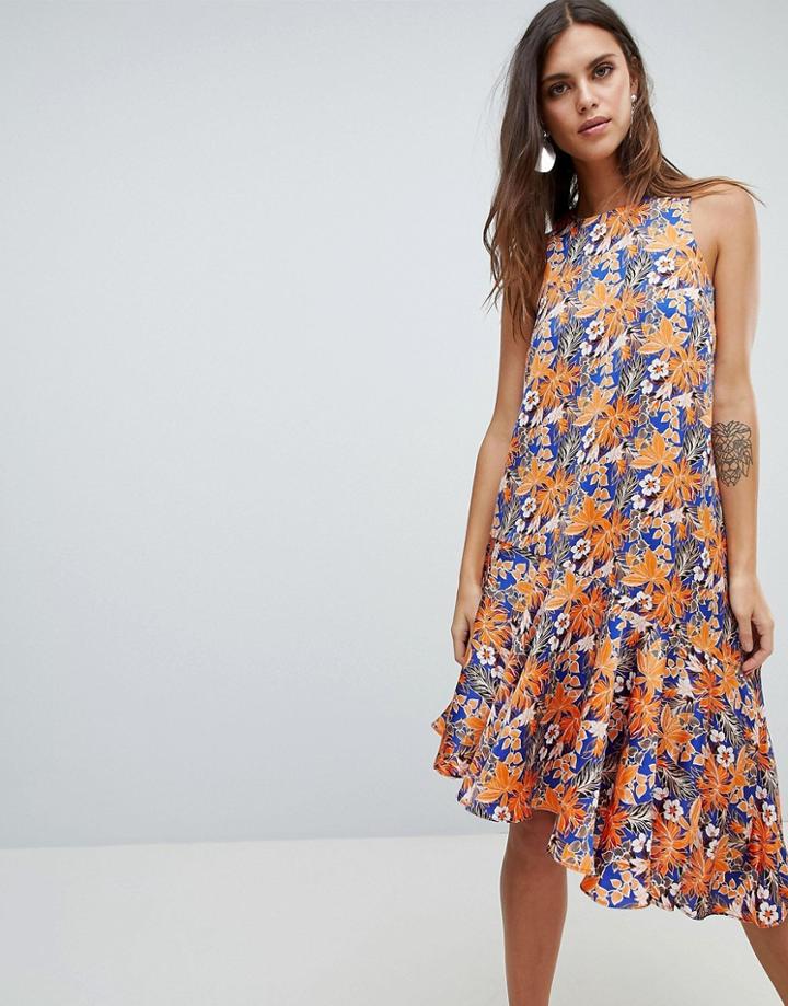 Y.a.s Floral Print Asymmetric Midi Dress With Ruffle Hem-multi