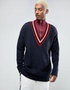 Asos Oversized V-neck Sweater In Navy With Burgundy Tipping - Navy