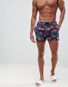 Boohooman Swim Shorts With Tropical Print In Navy - Navy