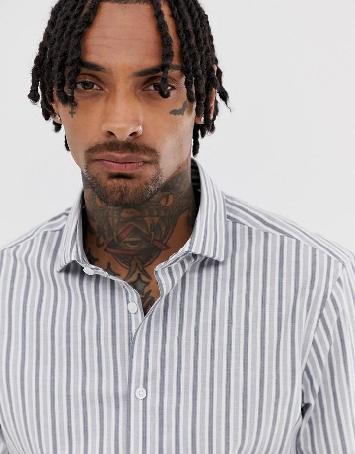 Asos Design Slim Fit Stripe Gray Shirt With Contrast