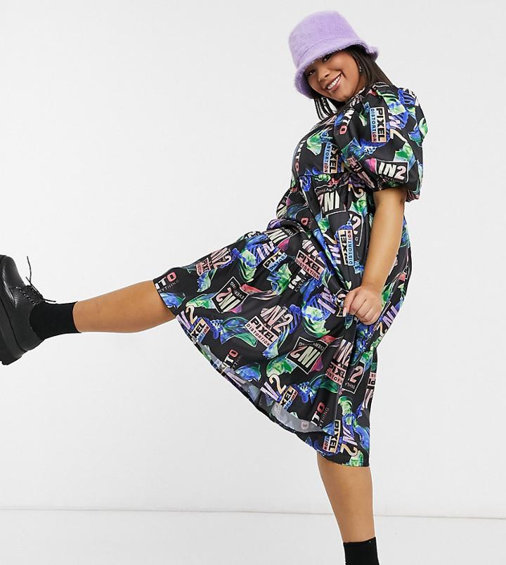 Collusion Plus Exclusive Printed Taffeta Smock Midi Dress-multi