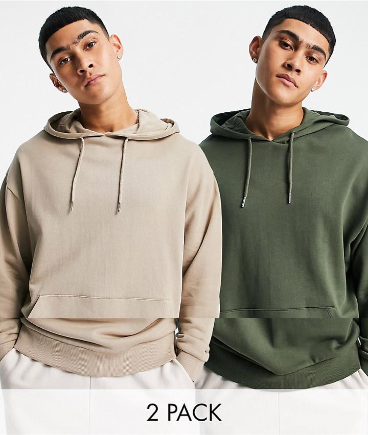 Asos Design 2-pack Organic Blend Oversized Hoodies In Beige & Green-multi