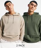 Asos Design 2-pack Organic Blend Oversized Hoodies In Beige & Green-multi