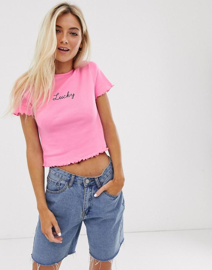 New Look Slogan Lucky Tee In Pink - Pink