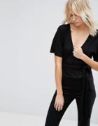 Asos Top With Kimono Sleeve And Tie Front - Black