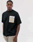 Asos Design Oversized Longline T-shirt With Contrast Check Pocket In Heavy Weight Jersey