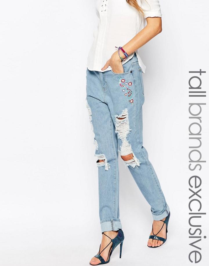 Liquor And Poker Tall Extreme Distressed Boyfriend Jean With Floral Embroidery Detail - Blue