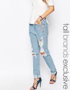 Liquor And Poker Tall Extreme Distressed Boyfriend Jean With Floral Embroidery Detail - Blue