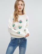 New Look Floral Embroidered Knitted Crop Sweater - Cream