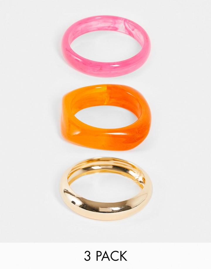 Asos Design Pack Of 3 Bangle In Mixed Plastic And Metal In Gold Tone-multi