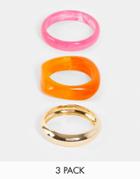Asos Design Pack Of 3 Bangle In Mixed Plastic And Metal In Gold Tone-multi