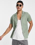 Gianni Feraud Linen Short Sleeve Striped Slim Fit Shirt-green