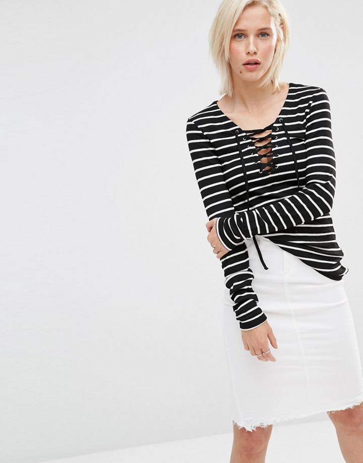 Brave Soul Stripe Tie Neck Top - Black