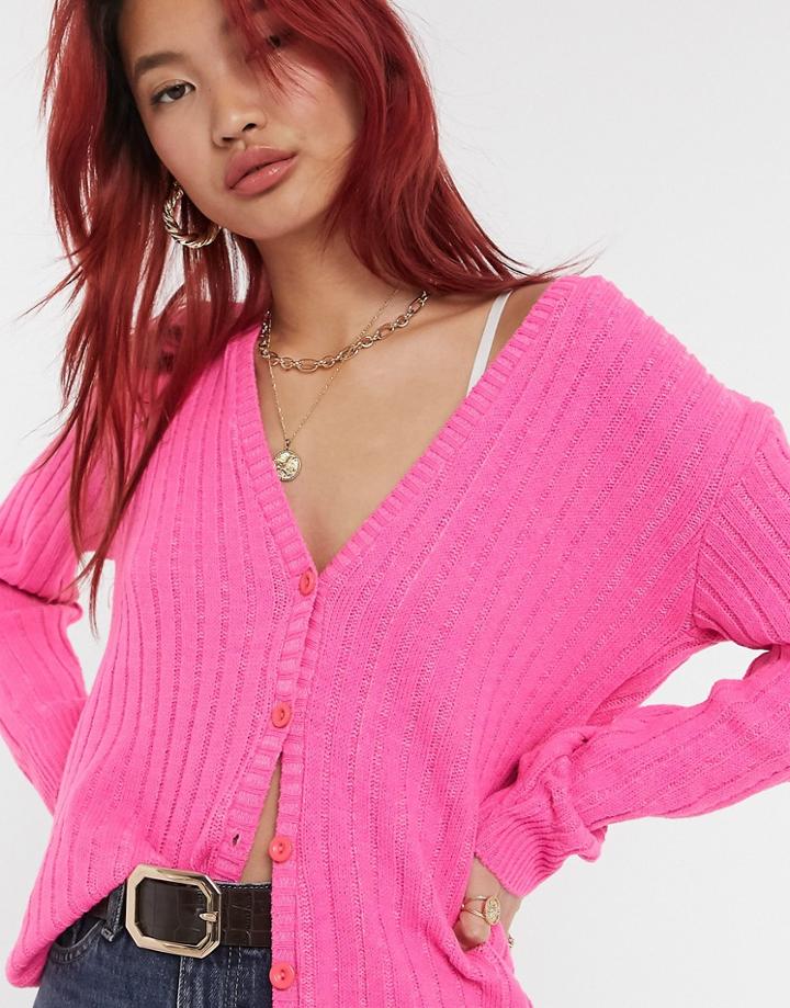 Unique21 Ribbed Cardigan In Pink-black