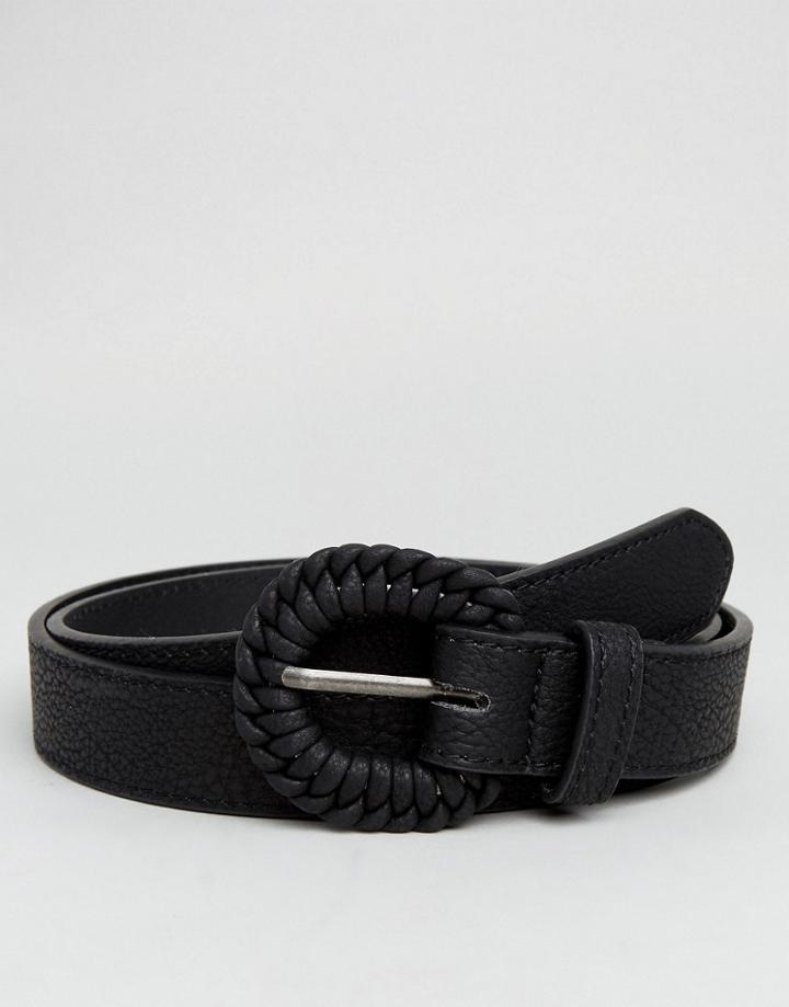 Asos Slim Belt In Faux Leather With Vintage Wrapped Buckle - Black