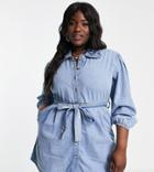Nobody's Child Plus Phoenix Organic Cotton Denim Belted Shirt Dress In Blue