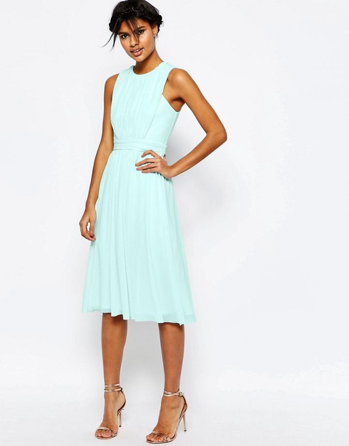 Asos Mesh Ruched Midi Dress - Mint