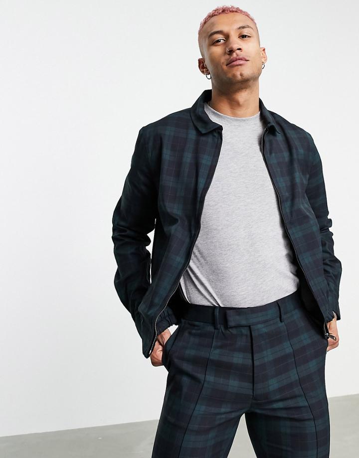 Asos Design Smart Harrington Jacket With Tartan Check In Green - Part Of A Set