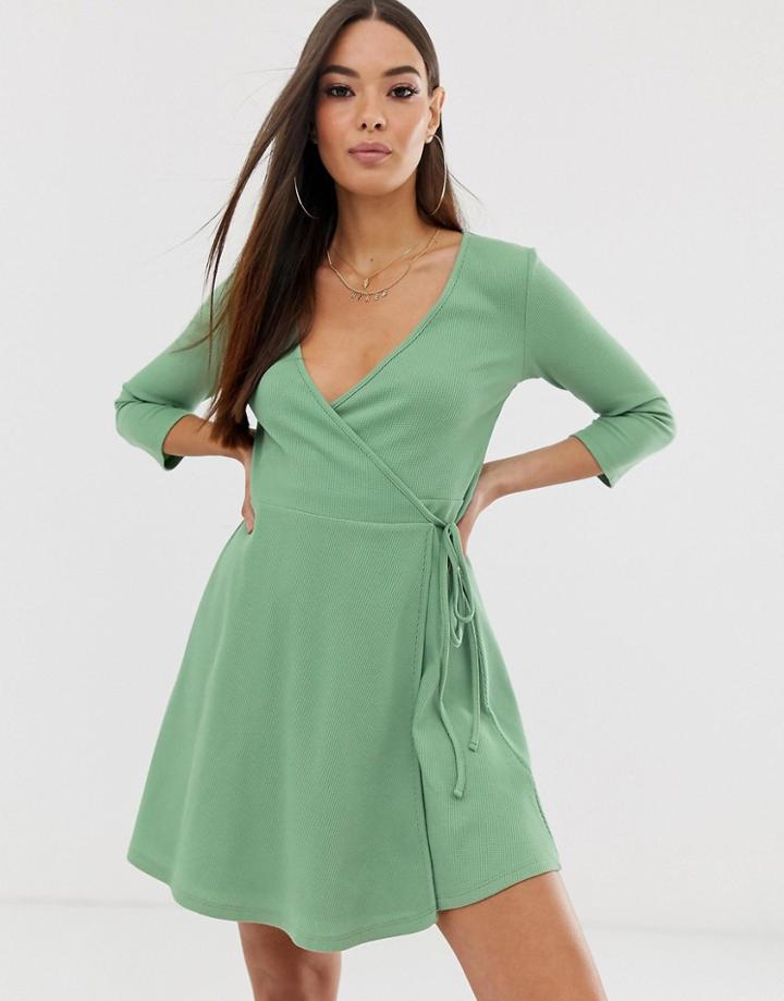 Asos Design Mini Waffle Wrap Dress - Green