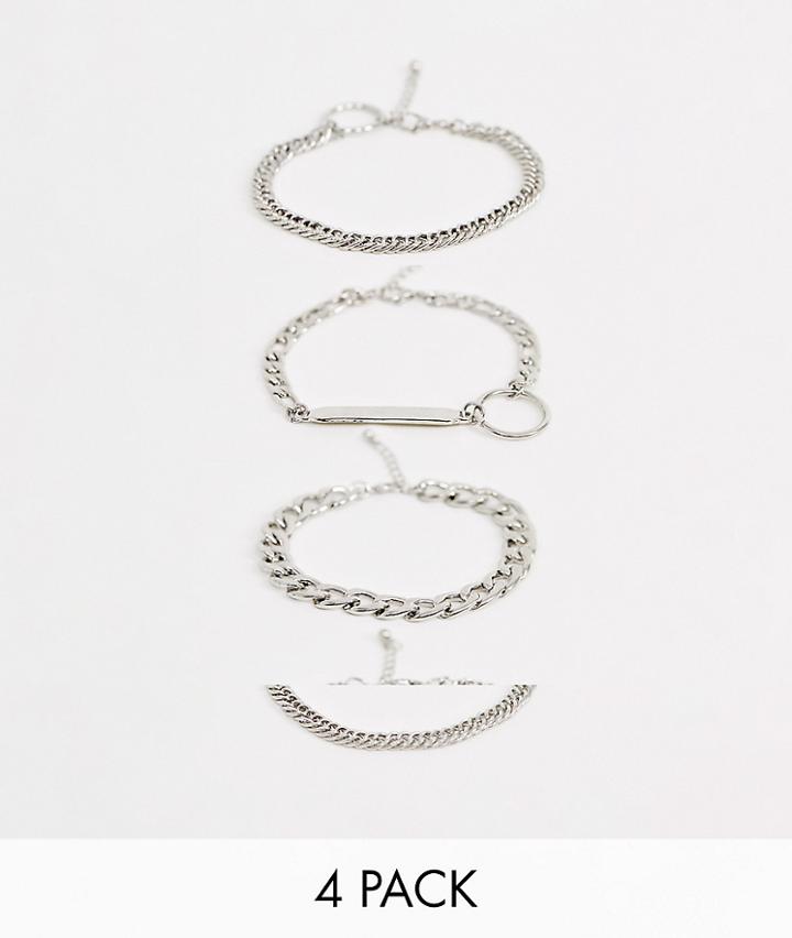 Asos Design Chunky Layered Chain Bracelet Pack With Plate In Silver Tone - Silver