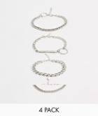 Asos Design Chunky Layered Chain Bracelet Pack With Plate In Silver Tone - Silver
