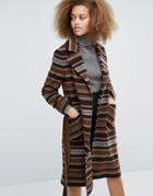 Helene Berman Becca Tie Waist Coat In Brown And Beige Stripes - Multi