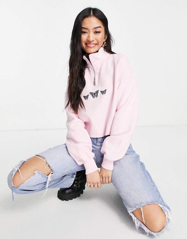 Hollister High Neck Embroidered Cropped Sweatshirt In Pink