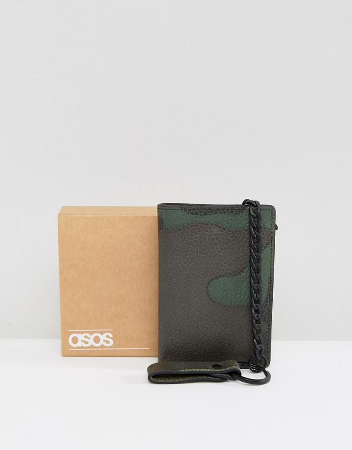 Asos Leather Wallet In Camo Print With Chain - Green